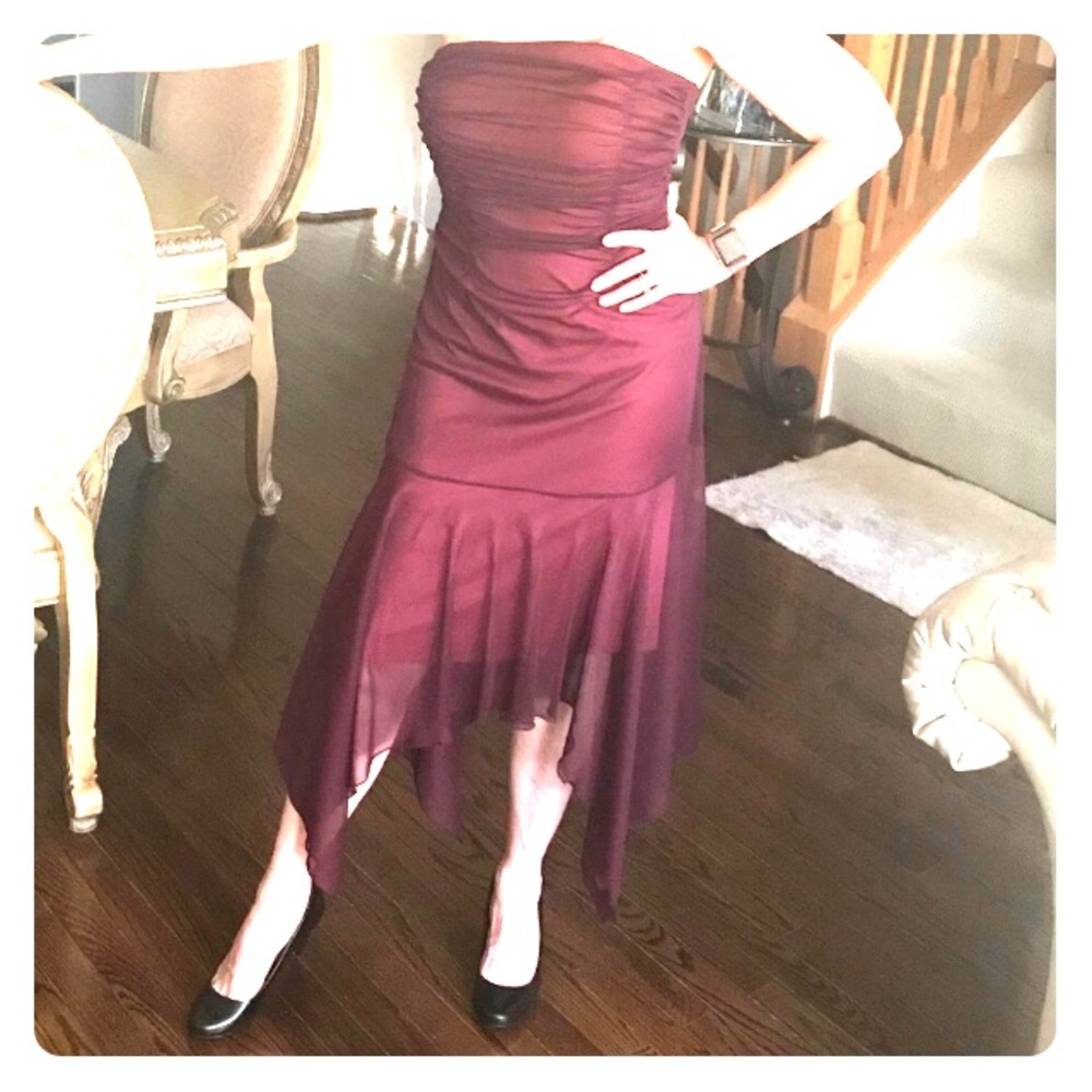 Strapless burgundy hanker-chief party dress evening midi uneven length vintage
